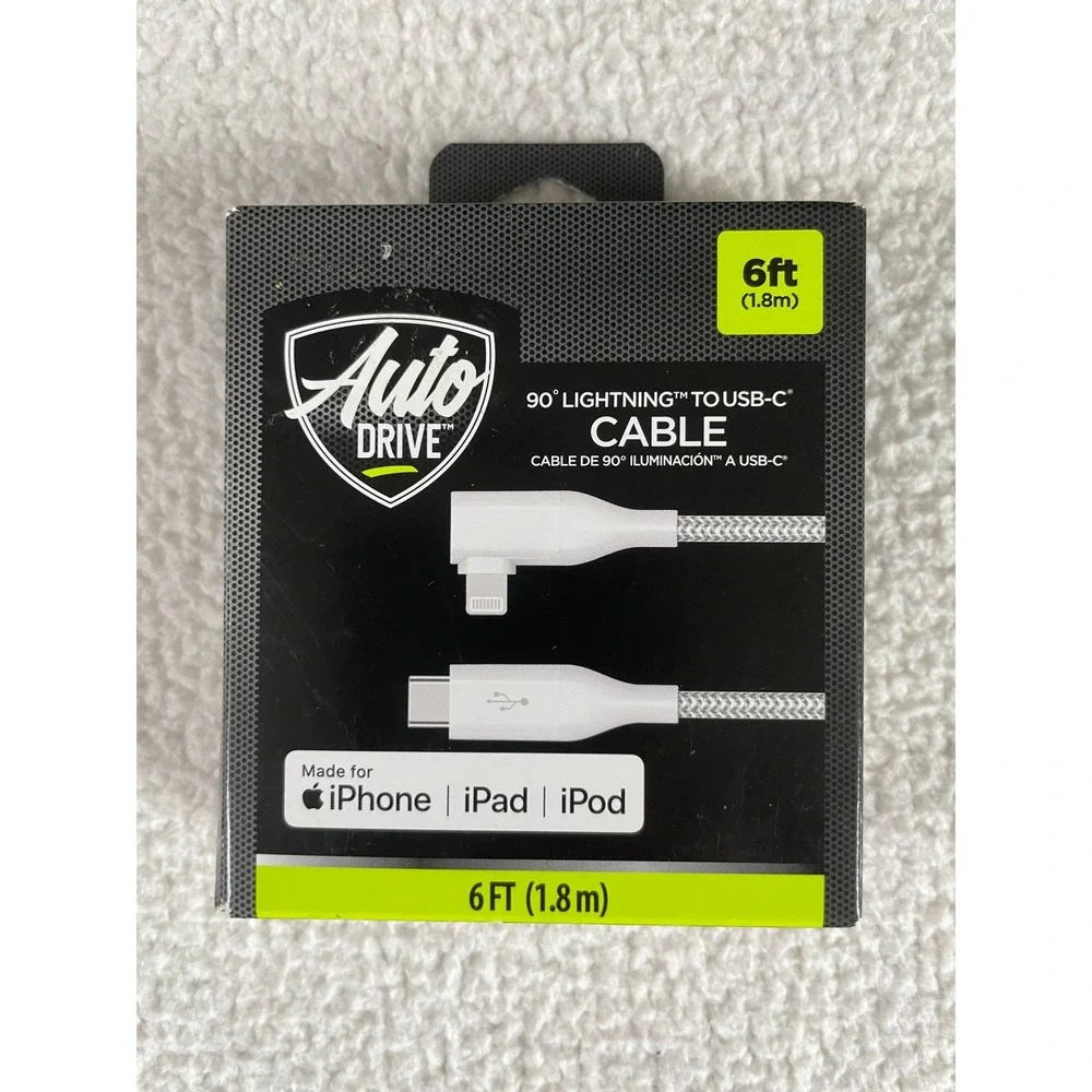 Auto Drive 6ft Charging Cable‎ Silver 90 Degree 8 pin connector to USB-C Braided